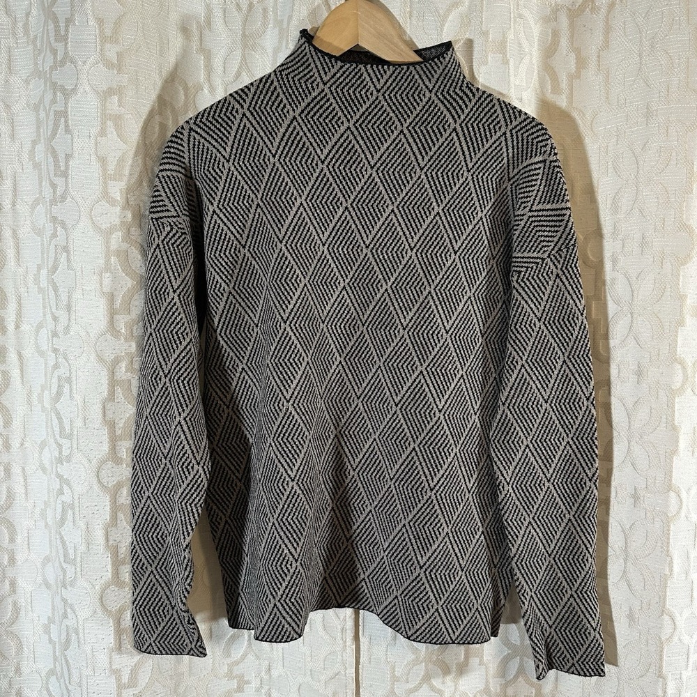Halston Women's Geometric Diamond Open Front Cardigan Sweater Black Beige Sz L